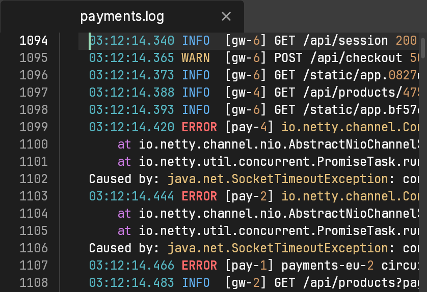 payments.log in Crane: times, log levels, request paths and Java exceptions each in their own color, around a run of connection timeouts.